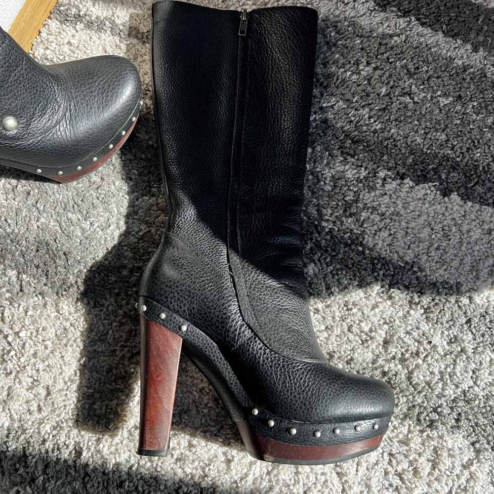 UGG Black Heeled Boots with Wood Platform